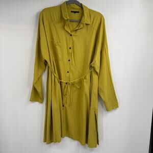 Lurdes Bergada Shirt Dress Tunic Womens L Yellow Side Slit Button Front Belted